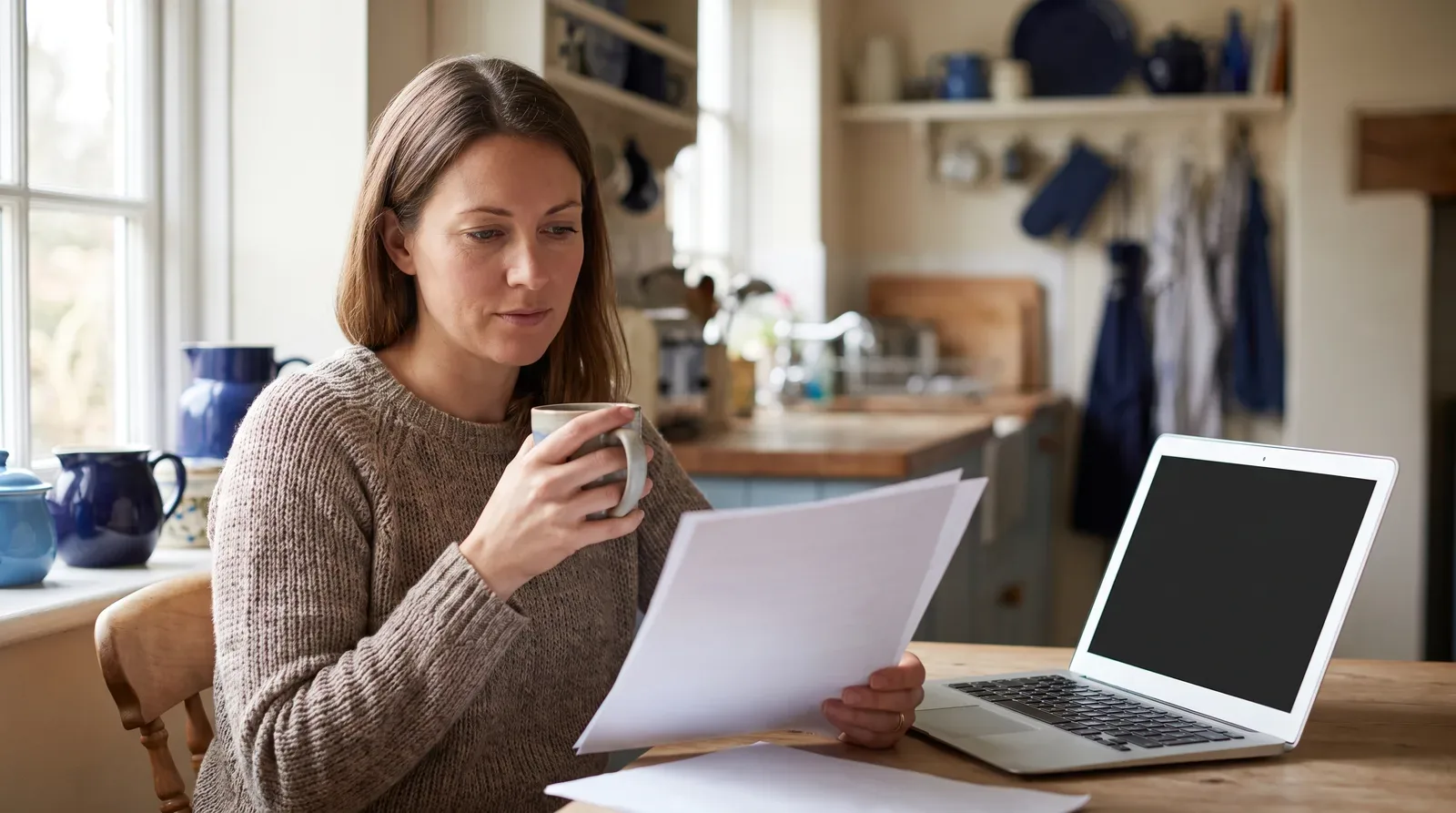 A woman reviewing her credit report paperwork at her kitchen table